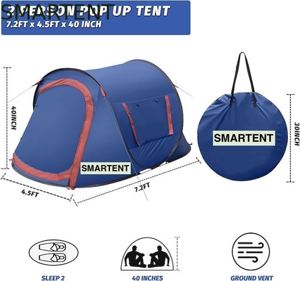 7.2FT*4.5FT*40Inch Fácil Configuração 2 Pessoas Azul Poliéster Impermeável Pop Up Camping Tent Com Janela de malha ventilada fornecedor