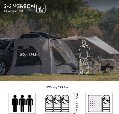2.49*3.20*1.91M Tenda de acampamento de carro cinza portátil impermeável PU3000MM revestido de tecido de poliéster para aventura ao ar livre fornecedor