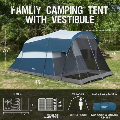 6.1*2.44*1.93M Área exterior de dupla cor azul-cinza impermeável revestido de poliéster grande tenda de acampamento familiar adequado para 6-8 pessoas fornecedor