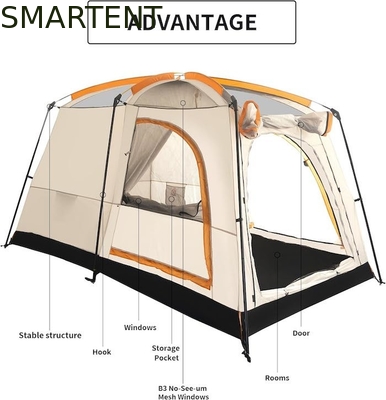 Barraca de acampamento para 4 pessoas, 3,3 * 2,1 * 1,85 m, para todos os climas, cáqui, à prova d'água, revestida em poliéster, design para 2 casas, barraca de acampamento fornecedor