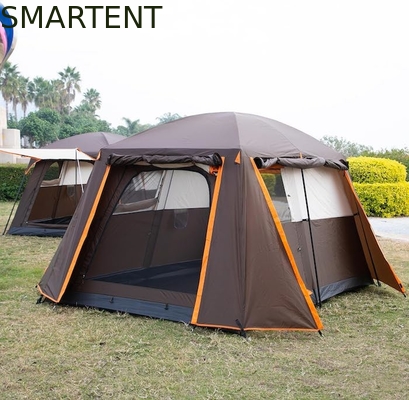 6 pessoas espaçoso cor marrom impermeável revestido de poliéster exterior grande família acampamento casas de tenda com postes de fibra de vidro fornecedor